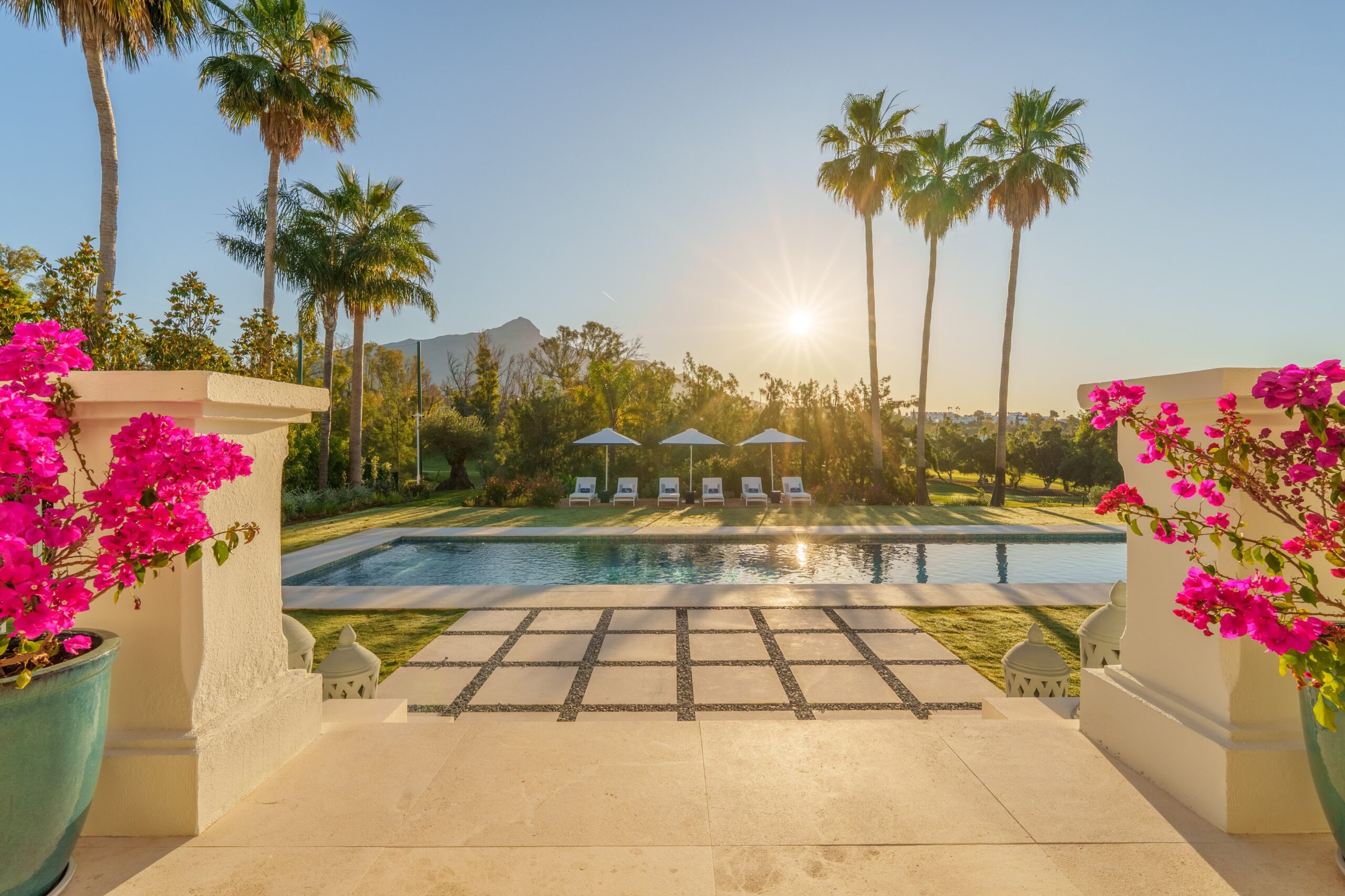 Big garden and pool area of a luxury mansion in Marbella